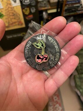 Brand New in Packaging Strike Gently Stylized Cherries Enamel Pin